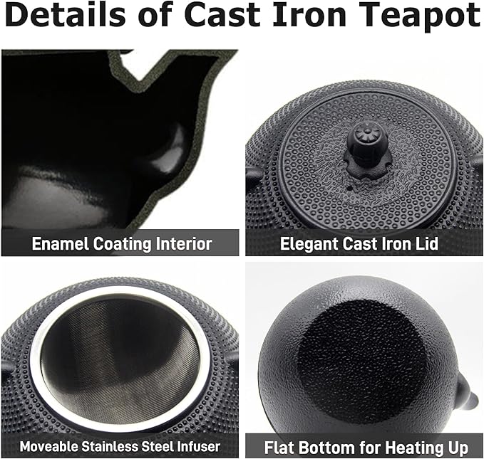 YJX 40.6oz Cast Iron Teapot Set with Warmer, Japanese Tea Set for Stovetop, 1200ml Black Tea Pot and Tea Cups Set, Tea Kettle with Infuser for Loose Leaves, Enameled Asian Teapot Sets for Adults - Bloomnest