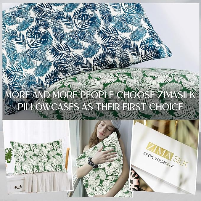 ZIMASILK 100% Pure Mulberry Silk Pillowcase for Hair and Skin Health,Both Sides 19 Momme Silk Floral Print,1pc(Queen 20''x30'',White Leaves) - Bloomnest