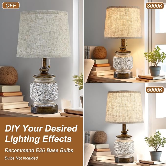 19.5" Farmhouse Bedside Table Lamps Set of 2 Rustic Lamps for Nightstand Bedroom with USB Ports Vintage Traditional White Carved Floral Night Light Lamps for Living Room End Tables Decor - Bloomnest