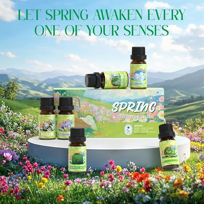 Spring Fragrance Oils Set, Essential Oil Gift Set for Diffuser, Spring Scent Diffuser Oil, Diffuser Scents Oil for Home,Freesia,Breeze,Fresh Green Willow,Fresh Cut Grass,Jasmine, After Rain - Bloomnest