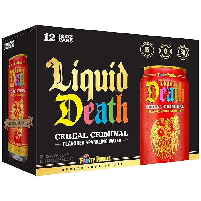 Liquid Death Soda-Flavored Sparkling Water - Cereal Criminal (Fruity Pebbles, Cream), Less Sugar*, Huge Flavor, No Caffeine, No Artificial Sweeteners, 12 Fl Oz (Pack of 12) - Bloomnest