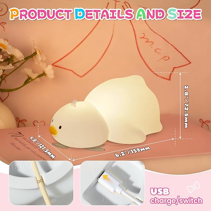 Night Light for Kids, Rechargeable Dimmable Silicone LED Nightlight with 7 Colors, Baby Nursery Night Lamp, Touch Squishy Lamp, Cute Gifts for Girls, Boys, Toddler Room Decor, Lying Duck - Bloomnest