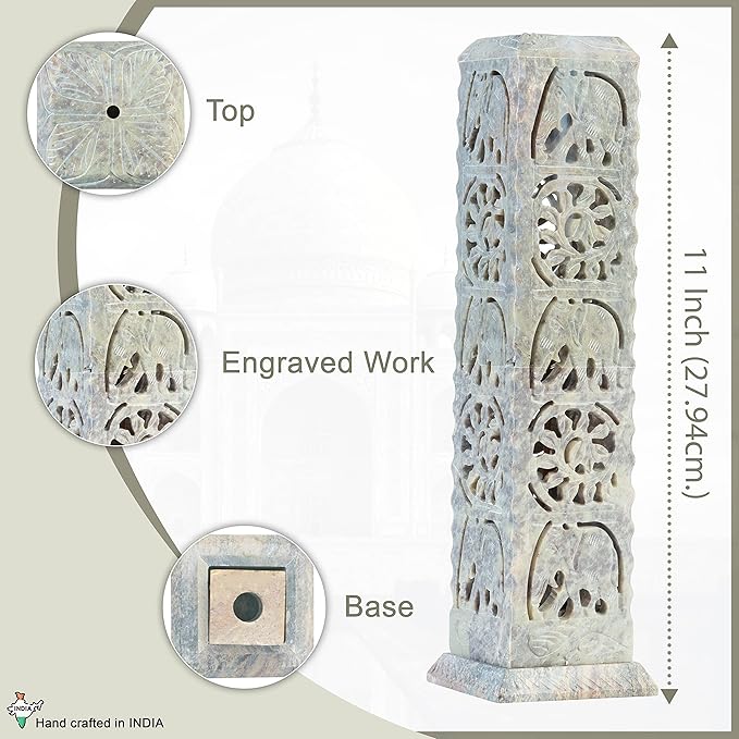 Crocon Handmade Incense Stick Holder Soapstone Incense Tower Burner | Candle Stand Tea Light Holder |Office Decor Room Fragrance Decorative Kitchen Home Spa Great Gift Set - 11X3X3 Inch