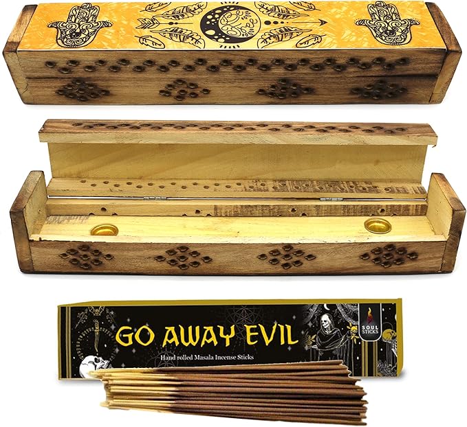SOUL STICKS Handmade Carved Incense Burner Wooden Coffin Box with Storage Includes Go Away Evil Incense Sticks (Yellow Hamsa Hand) - Bloomnest