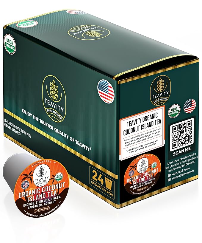 Coconut Rooibos Tea Pods for Keurig - Organic Ginger Tea, Rooibos, Cinnamon, Cardamom, Coconut by Coconut Island Teavity (24 Tea Pods) - Bloomnest