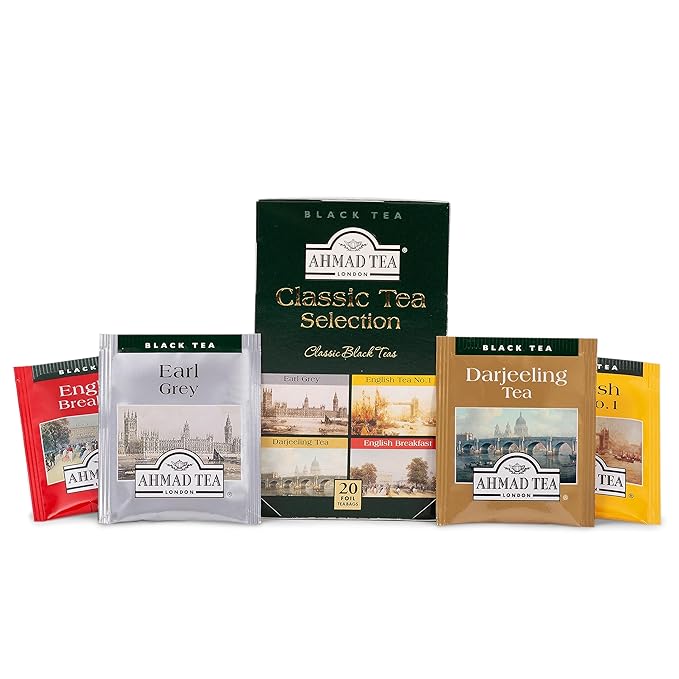 Ahmad Tea Black Tea, Classic Selection Pack Teabags, 4 Teas Earl Grey, English No.1, Darjeeling, & English Breakfast, 20 ct Teabags (Pack of 1) - Caffeinated & Sugar-Free - Bloomnest
