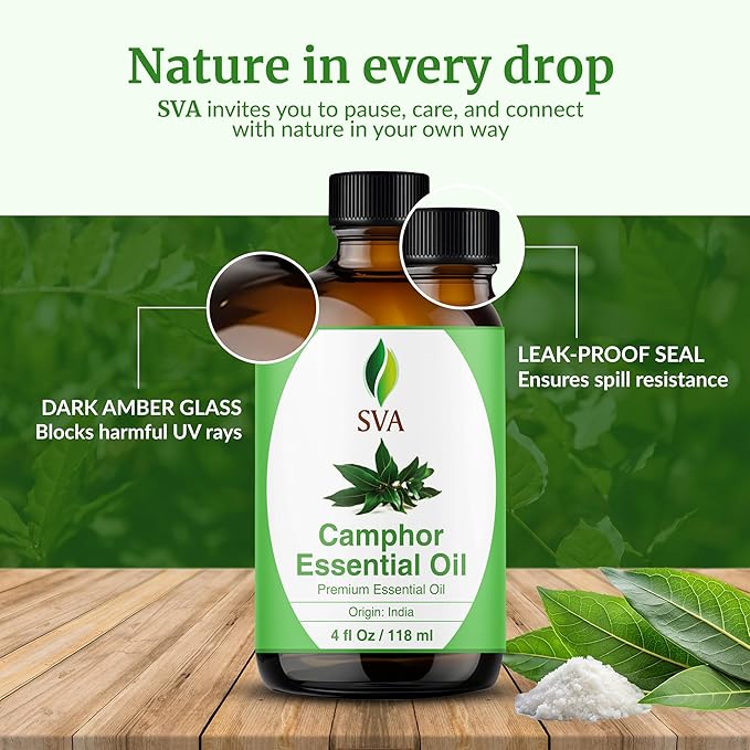 SVA Camphor Essential Oil – 4 Fl Oz – 100% Natural Camphor Oil - for Diffuser, Hair Care, Face, Skin Care, Aromatherapy, Scalp and Body Massage, Soap and Candle Making – with Dropper - Bloomnest