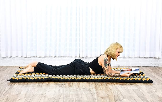Leewadee - Kapok Roll Mat – Handcrafted Folding Sleep & Relaxation Mattress from Thailand, Ideal as Guest Bed, Camping Mat, Yoga Mat or Traditional Futon, 75 x 39 inches, Black Orange - Bloomnest