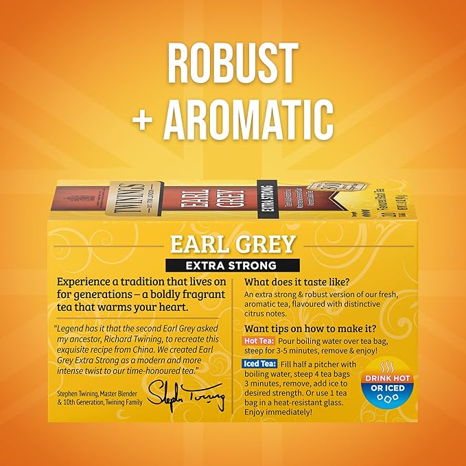 Twinings Earl Grey Extra Strong Black Tea Individually Wrapped Bags, 20 Count (Pack of 6), Flavoured with Citrus and Bergamot, Caffeinated, Enjoy Hot or Iced, 120 Teabags - Bloomnest