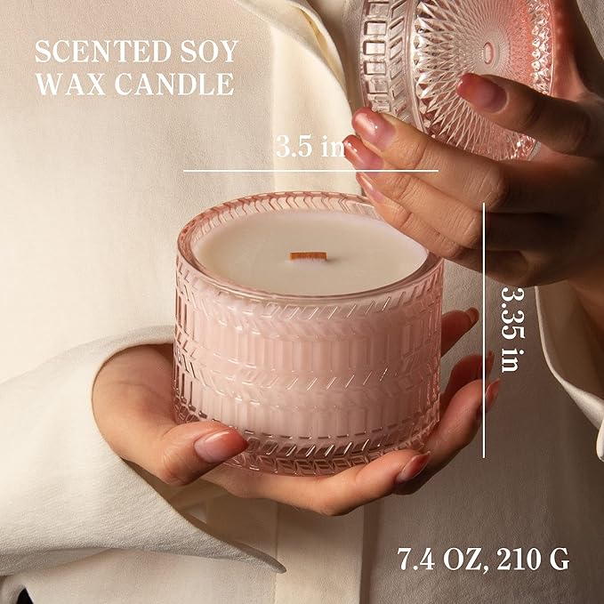 Hidden Label Sandalwood Rose Scented Candle for Home Scented, Santal Wood Wick Decorative Candles, Aromatherapy Candles for Women, Pink Soy Candles Non Toxic Candle, 7.4 oz 55 Hours Long Burn time - Bloomnest
