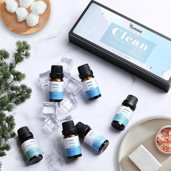 Essential Oils Set, Clean Scents Fragrance Oil Essential Oils for Diffuser Aromatherapy - Fresh Linen, Extra Clean, Warm Cotton, Soft Powder, Pure Soap, Eucalyptus Peppermint, 6x10ml - Bloomnest