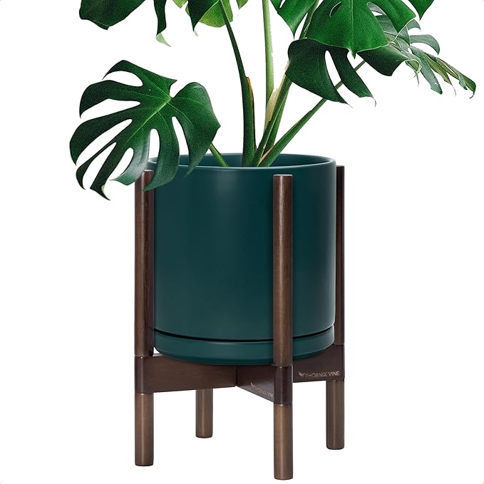 D'vine Dev Ceramic Planter with Walnut Color Stand - 10 Inch Modern Round Flower Pot with Wood Planter Holder, Teal, 55-B-X-4 - Bloomnest