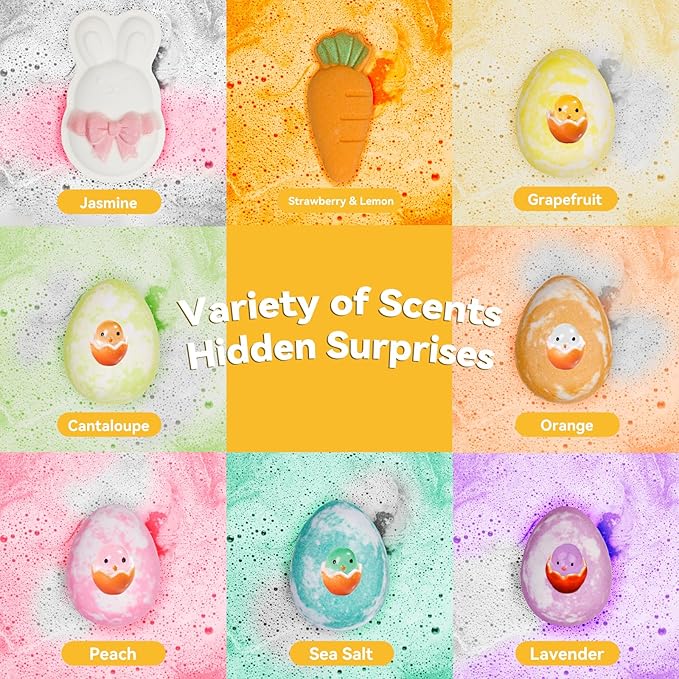 Kids Bath Bombs with Surprise Inside: 9 Pcs Natural Organic Egg Bunny Shaped Basket Stuffers for Kid Girls Boys Bubble Bathbombs Fruit Scented Spa Birthday Gift Set Party Favors Children 3+ Year Old - Bloomnest