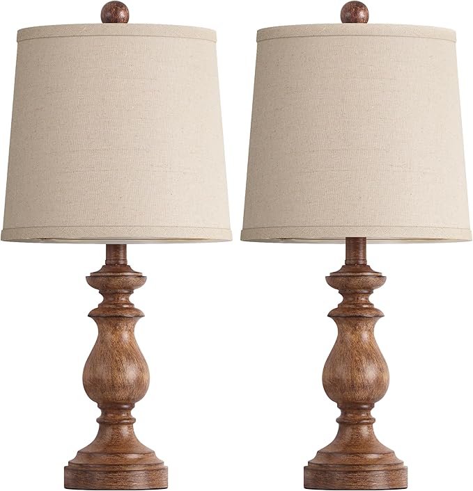 PARTPHONER Traditional Table Lamp Set of 2, Rustic Farmhouse Table Lamps for Living Room Bedroom, 22" Bedside Desk Lamps Vintage Nightstand Lamps with Linen Shades, Wood Grain - Bloomnest