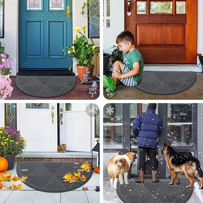 Smiry Half Circle Front Door Mat Outside Entrance, Heavy Duty Sturdy Natural Rubber Doormat, Trap Dirt and Moisture, Low Profile Mats for Indoor Outdoor Entry, Irregular Triangle (36x24, Grey) - Bloomnest