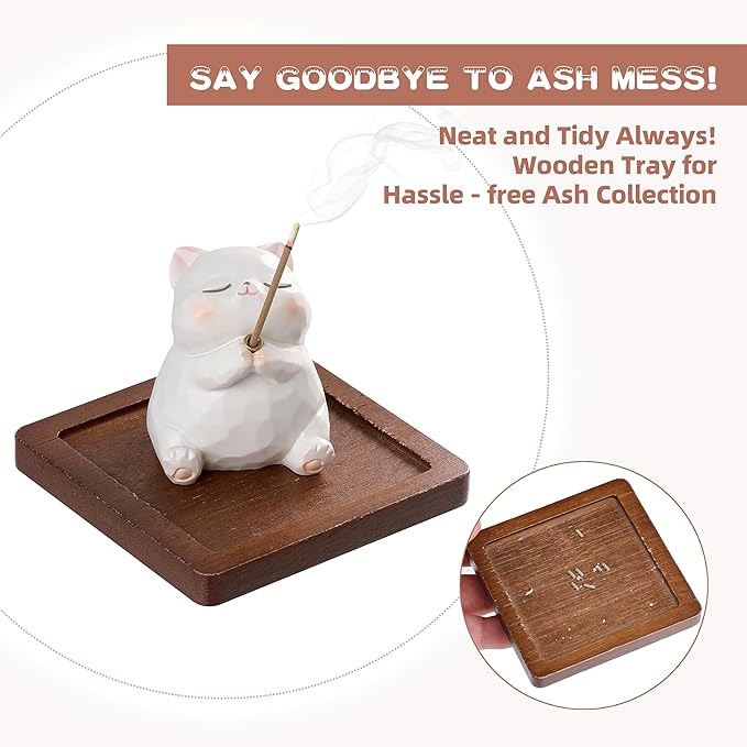 Lionpower Incense Holder for Sticks with Burner & Ash Catcher - Resin Cat, Wooden Tray, 10 Incense Sticks for Meditation Yoga Spa, Cute Home Decor Room Accessories (Cat)