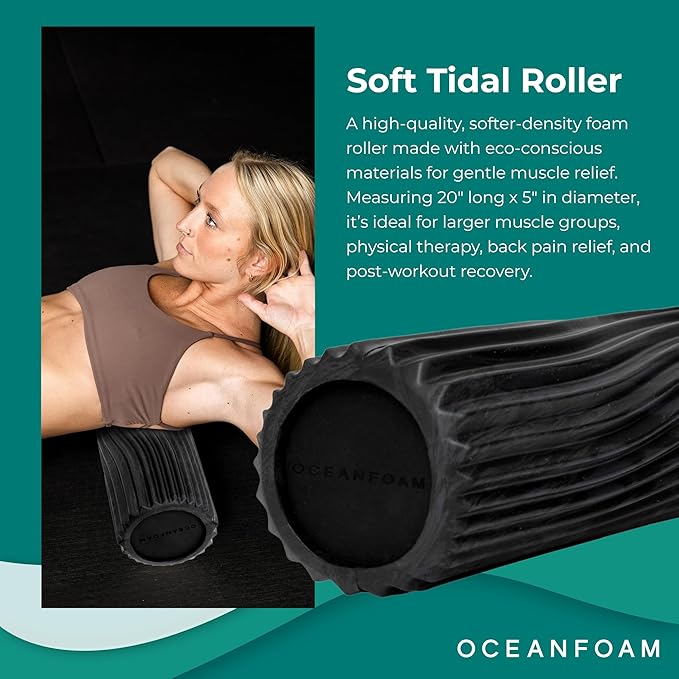 Oceanfoam Soft Tidal Roller (Black & Charcoal Marbled) - Low Density Foam Roller for Physical Therapy, Back Pain, Exercise & Stretching - Wave Textured - Yoga & Wellness - Full Size, 20" x 5" - Bloomnest
