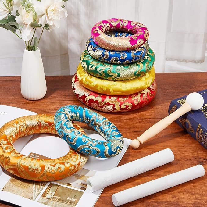10 Pcs Singing Bowl Cushion Set 7 Silk Cloth O Ring with 3 Crystal Singing Bowl Mallet Include Solid and Hollow Stick Wood Handle Rubber Mallet for 6-12" Tibetan Sound Meditation(Rainbow) - Bloomnest
