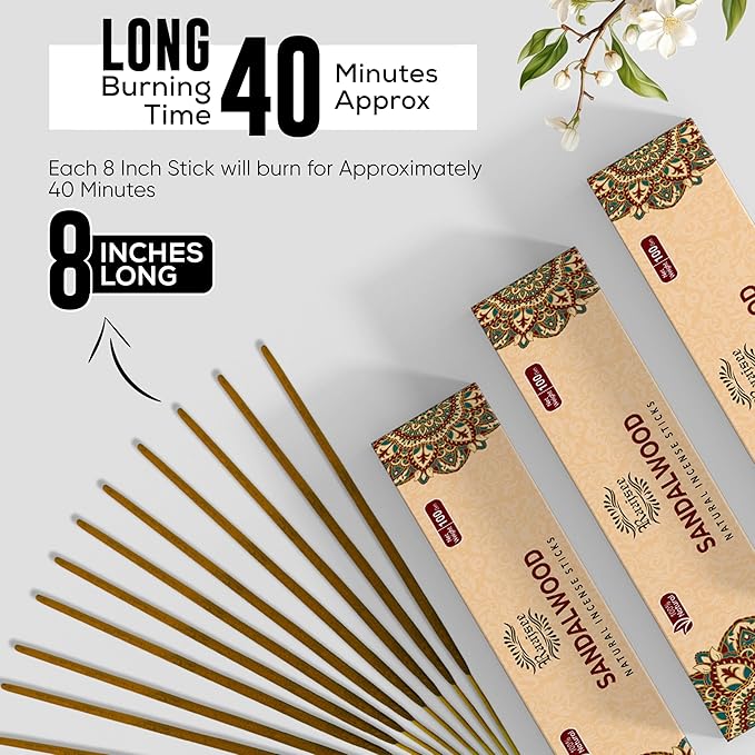Raajsee Sandalwood Incense Sticks (180 gm), 100% Pure Organic Natural Hand Rolled Free from Chemicals - Sandalwood Incense Perfect for Aromatherapy, Cleansing, Meditation, and Church (Pack of 12) - Bloomnest