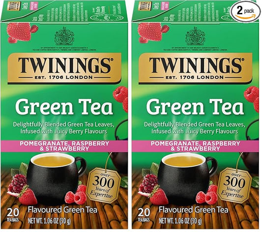 Twinings Green Tea with Pomegranate, Raspberry, & Strawberry Individually Wrapped Bags, 20 Count (Pack of 2), Caffeinated, Enjoy Hot or Iced, 20 Teabags