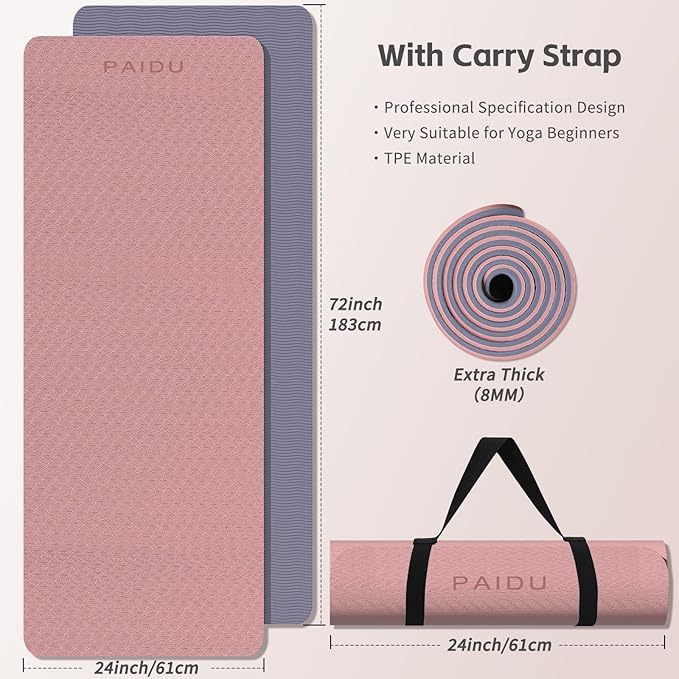 Yoga Mat 8mm Super Thick TPE Fitness Mat | SGS Certified | Non-Slip, Odorless & Tear-Resistant | Unisex with Strap | for Yoga, Pilates, Meditation & Home Workouts - Bloomnest