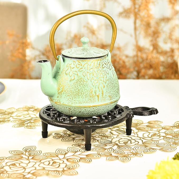 Sungmor Cast Iron Teapot Warmer Dish Cups Heater Pot Trivet - Rustic & Graceful Pattern Design with Tealight Holder - Heavy Duty & Decorative Candle Holder Stands for Heat Food Coffee Milk or Tea - Bloomnest