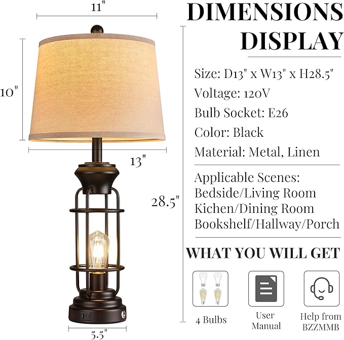 Black Table Lamps Set of 2, 28.5" Farmhouse Lamps for Living Room with USB C+A Ports, Touch Lamps for Bedroom, LED Bulbs Included - Bloomnest