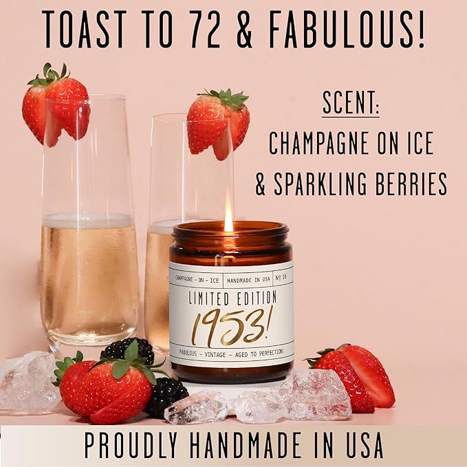 72nd Birthday Gifts for Women - 'Limited Edition 1953' Soy Candle, w/Champagne on Ice I 72 Birthday Gifts for Women I 72nd Birthday Gift for Her Ideas I 9oz Reusable Jar, 50Hr Burn, Made in USA - Bloomnest