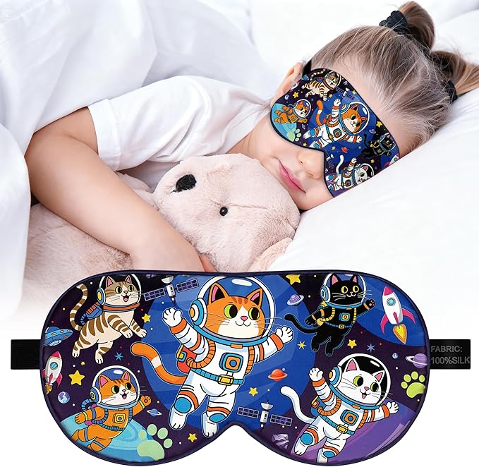 Silk Kids Sleep Mask: 100% Mulberry Silk Eye Mask, Sleeping Masks with Adjustable Strap, Soft & Light-Blocking Printed Kid Eye Cover for Boys Girls Teens Aged 5-15 (Space Cat Theme) - Bloomnest