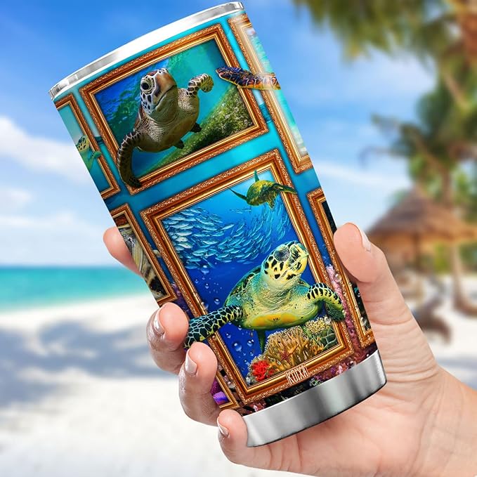 Sea Turtle Tumbler With Lid 20oz Insulated Coffee Cup Gifts For Women Who Love Turtles Sea Animal Ocean Themed Birthday Stainless Steel Travel Mug Cute Turtle Items - Bloomnest