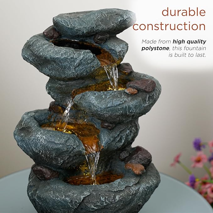 Alpine Corporation TZL418 14" 3 Tier Rock Fountain with LED Lights, Elegant Cascading Water Feature for Tabletop, Indoor Decor, Relaxing Stone Waterfall for Home & Office, Gray - Bloomnest