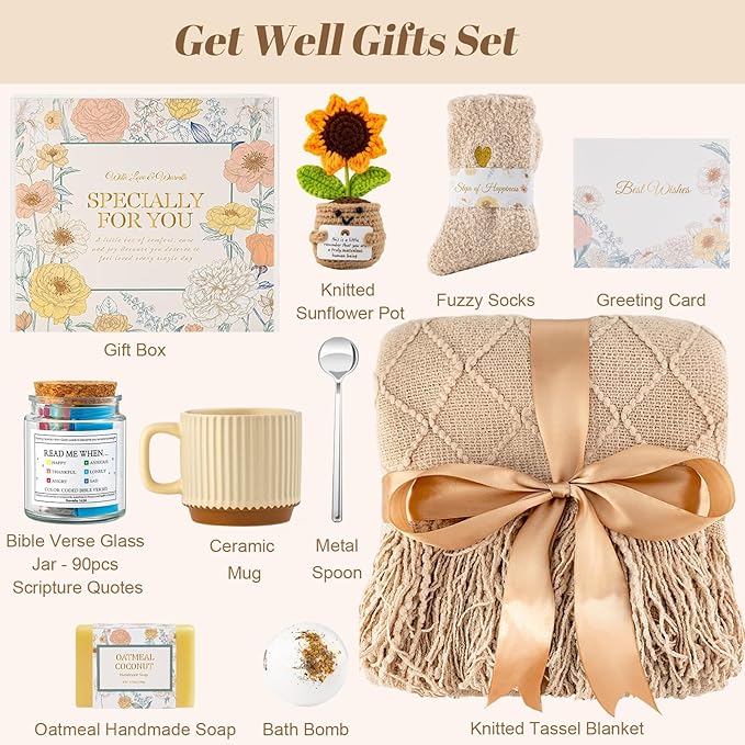 Get Well Soon Gifts Baskets for Women, Spa Self Care Gifts, Thinking of You Gift, Relaxing Sunflower Gift Basket for Her Friends Birthday Valentines Day Mothers Day Luxury Gifts, Khaki - Bloomnest