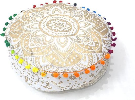 INDIAN CRAFT CASTLE ICC Mandala Barmeri Large Floor Pillow Cover Cushion Meditation Seating Ottoman Throw Cover Hippie Decorative Zipped Bohemian Pouf Ottoman Cases Golden, 24" Round - Bloomnest