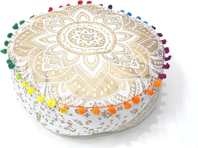 INDIAN CRAFT CASTLE ICC Mandala Barmeri Large Floor Pillow Cover Cushion Meditation Seating Ottoman Throw Cover Hippie Decorative Zipped Bohemian Pouf Ottoman Cases Golden, 16" Round - Bloomnest