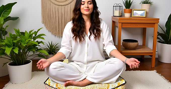 INDIAN CRAFT CASTLE 24" Yellow Ombre Mandala Barmeri Large Floor Pillow Cover Cushion Meditation Seating Ottoman Throw Cover Hippie Decorative Zipped Bohemian Pouf Ottoman Pom Pom Cases 24" Square - Bloomnest