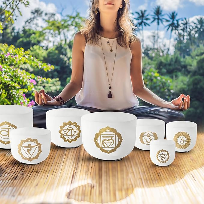 RYAN DVAN 432 hz 7-12 Inch Set of 7 Gold Chakra Design Quartz Crystal Singing Bowl Chakra Set with Free 2 pcs Carrying Case - Bloomnest