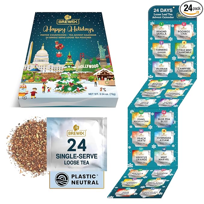 BREWIX, Tea Advent Calendar 2025 | 24 Delightful Black & Green Loose Leaf Teas - Holiday Gift Box | Christmas Advent Calendar 2025 for Adults | Gift Idea for Tea Lovers, Christmas Countdown Set | Holiday Variety Sampler for Tea Lovers - Bloomnest