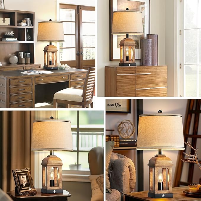 QiMH Table Lamp for Living Room, Farmhouse Lamps with USB A+C and Nightlight, 26" Rustic Bedside Lamps with 3-Way Dimmable Touch Control, Nightstand Lamp for Bedroom, Wood Grain, 1 Pack - Bloomnest
