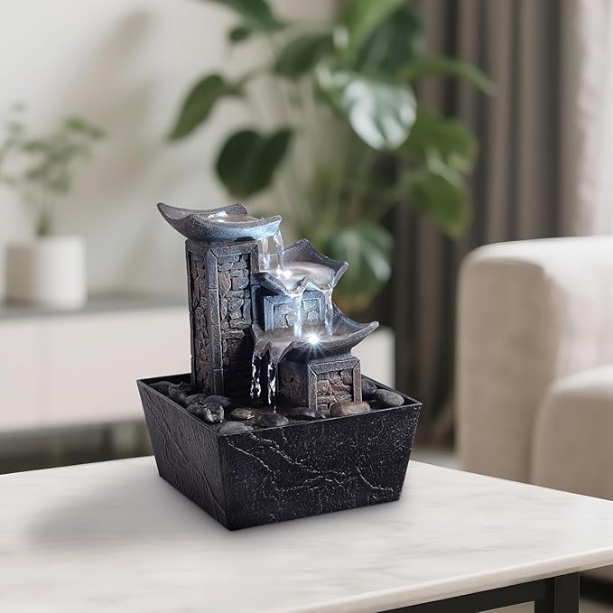 Tabletop Fountain Indoor Waterfall – 3-Tier Black Zen Decor with Pebble Base, White LED Light, Water Pump & On/Off Switch – Desktop Feng Shui Relaxation Gift for Home or Office (21110B) - Bloomnest