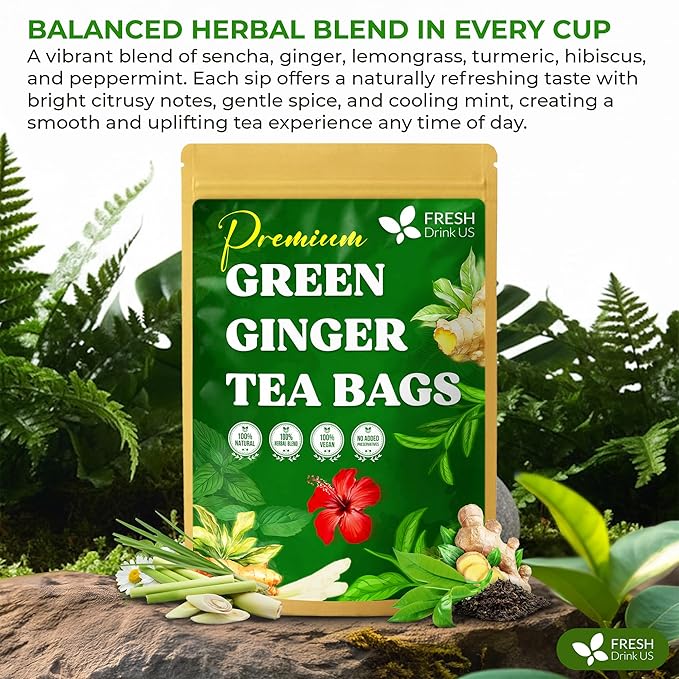 FreshDrinkUS, Premium Green Ginger Tea | 135 Tea Bags | Sencha Green Tea with Ginger, Lemongrass, Turmeric, Hibiscus & Peppermint | Natural Herbal Blend | Comfort & Refreshing, Vegan - Bloomnest