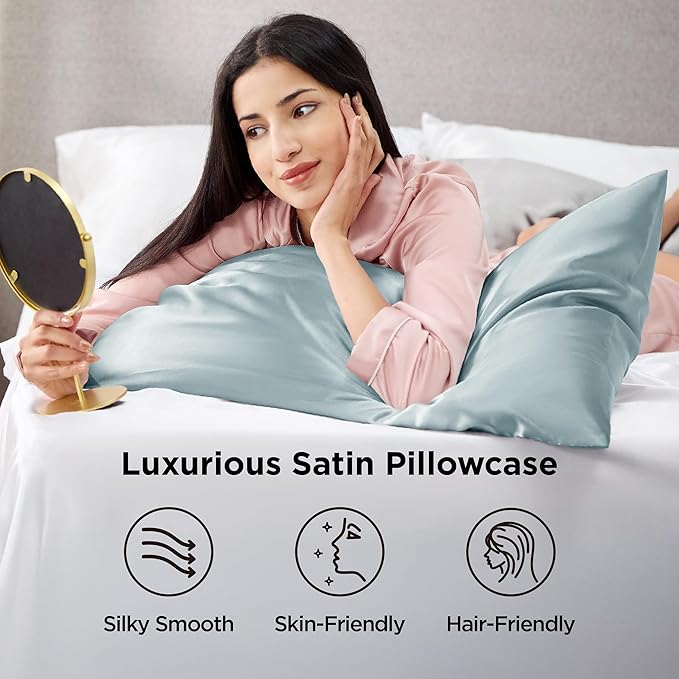 Bedsure Satin Pillowcase 2 Pack Similar to Silk Pillow Cases Standard Size, Pillow Case for Sleeping Women with Envelope Closure, Gifts for Women Men, Light Turquoise, 20x26 Inches, 2pcs - Bloomnest