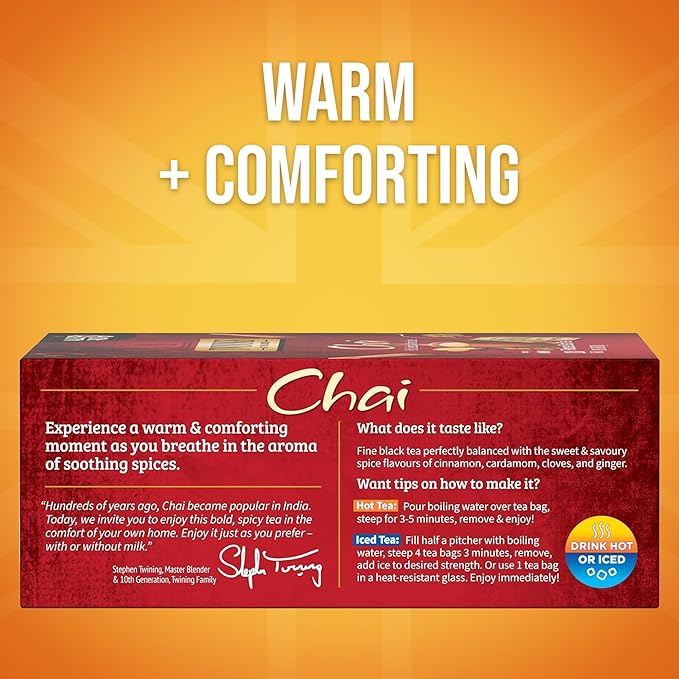 Twinings Chai Black Tea Individually Wrapped Bags, 100 Count (Pack of 1), Richly Blended with Warm Spices, Caffeinated, Enjoy Hot or Iced, 100 Teabags - Bloomnest