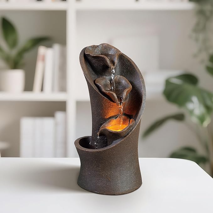 Kalona Tabletop Waterfall Fountain, 3-Tier Indoor Water Fountain for Home Office Decor, Relaxing LED Fountains with Artistic Stone-Look Design for Meditation (23005) - Bloomnest