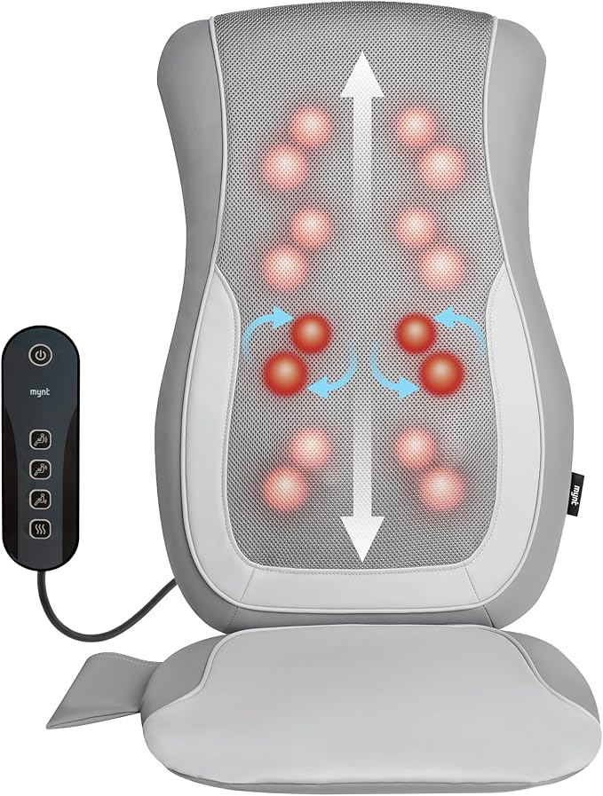 Mynt Gray Back Massager for Chair with Heat for Deep Tissue, Mesh Shiatsu Massage Chair Pad with 4 Deep Kneading Nodes, Heated Back Massage with a Seat Cushion - Bloomnest
