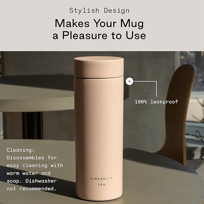 Firebelly Tea, Travel Tea Infuser Mug with Strainer, Insulated Tumbler for Loose Leaf Tea or Coffee, Leakproof Bottle for Hot or Iced Drinks, Stainless Steel Thermos with Lid, Salmon