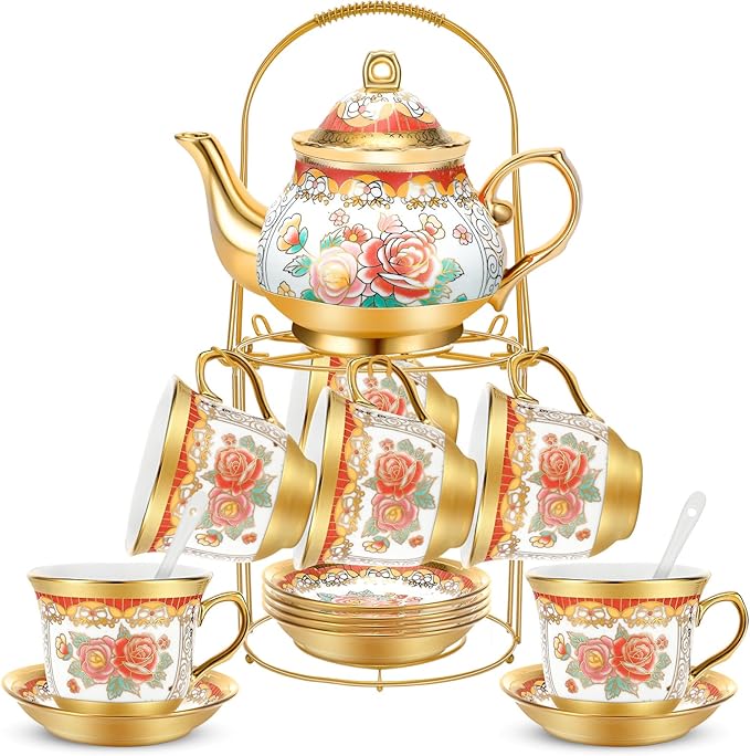 20 Pcs Porcelain Tea Set for Adults with Metal Holder and Spoon European Ceramic Tea Party Set Flower Painting Teapot Cup Saucer for Christmas Women Gifts, Serving 6 People(Classic) - Bloomnest