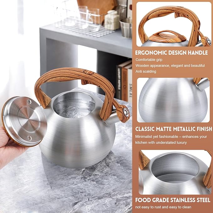 GGC Tea Kettle for Stove Top, 3.1QT/3L Whistling Tea Kettles for Boiling Water Coffee or Milk, Stainless Steel kettle Pot with Wood Parttern Handle for Home and Kitchen