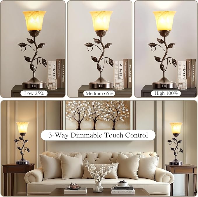 RORIANO Set of 2 Touch Vintage Table Lamps with 2 USB Ports, 3-Way Dimmable Nightstand Flower Lamps, Amber Glass Shade Rustic Leaf Lamp for Living Room Bedroom, LED Bulb Included (Bronze) - Bloomnest