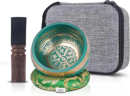 Kmise Tibetan Singing Bowls Set- Handmade in Nepal Meditation Sound Bowls for Yoga, Meditation, Mindfulness, Healing and Chakra Balancing, Stress Relief (5', Green) - Bloomnest
