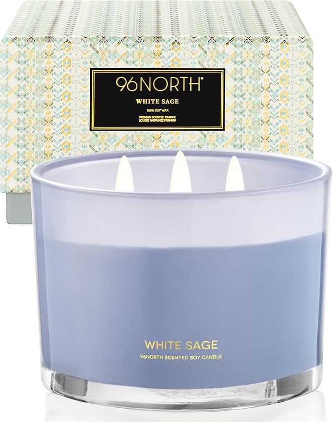 96NORTH Luxury White Sage Candle | Large 3 Wick Jar Candle | Up to 50 Hours Burning Time | 100% Natural Soy Wax | Relaxing Aromatherapy Aesthetic Candles | Housewarming Gift for Men and Women - Bloomnest